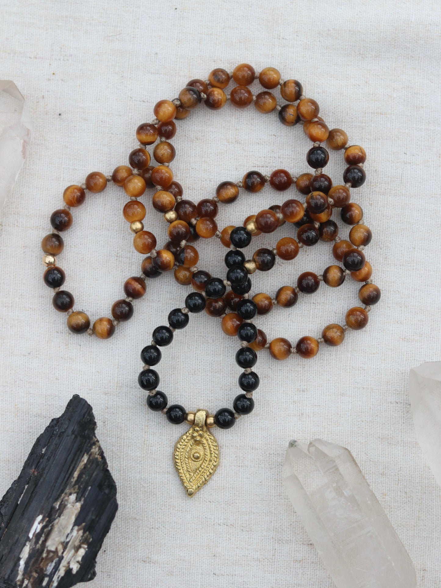 Onyx and Tiger's Eye Pendent Mala Style Necklace