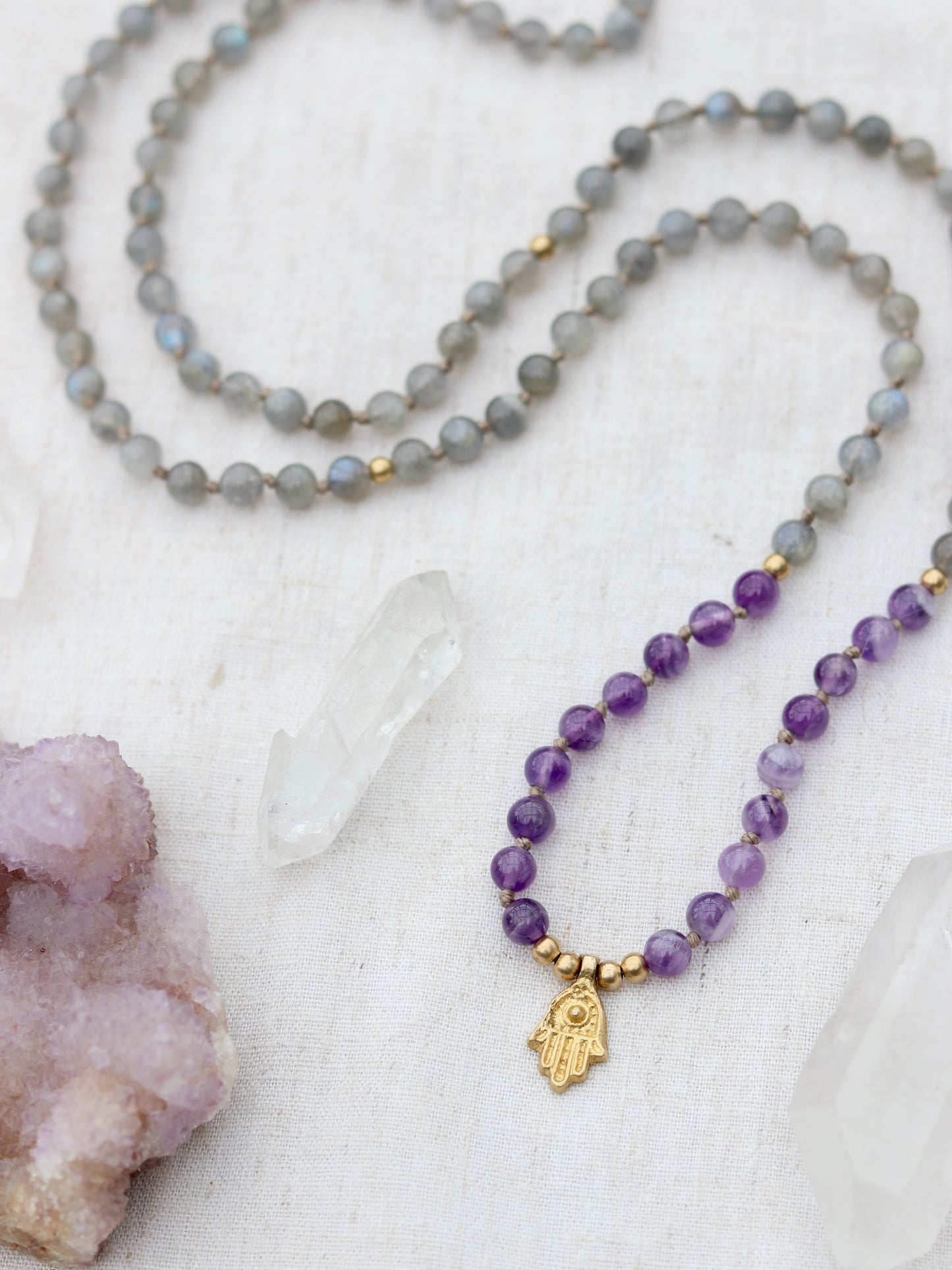 Amethyst and Labradorite Mala Necklace with Brass Hamsa Pendent