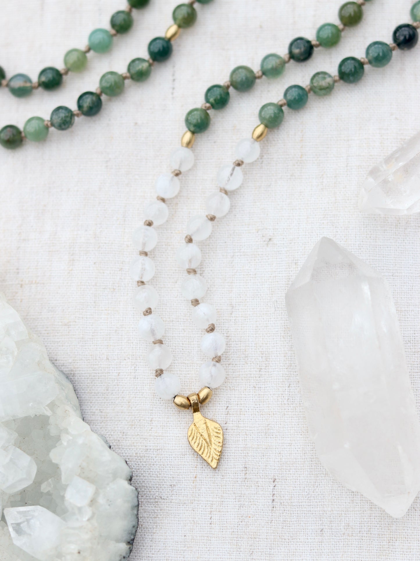 Moonstone and Moss Agate Mala Necklace with Brass Leaf Pendent