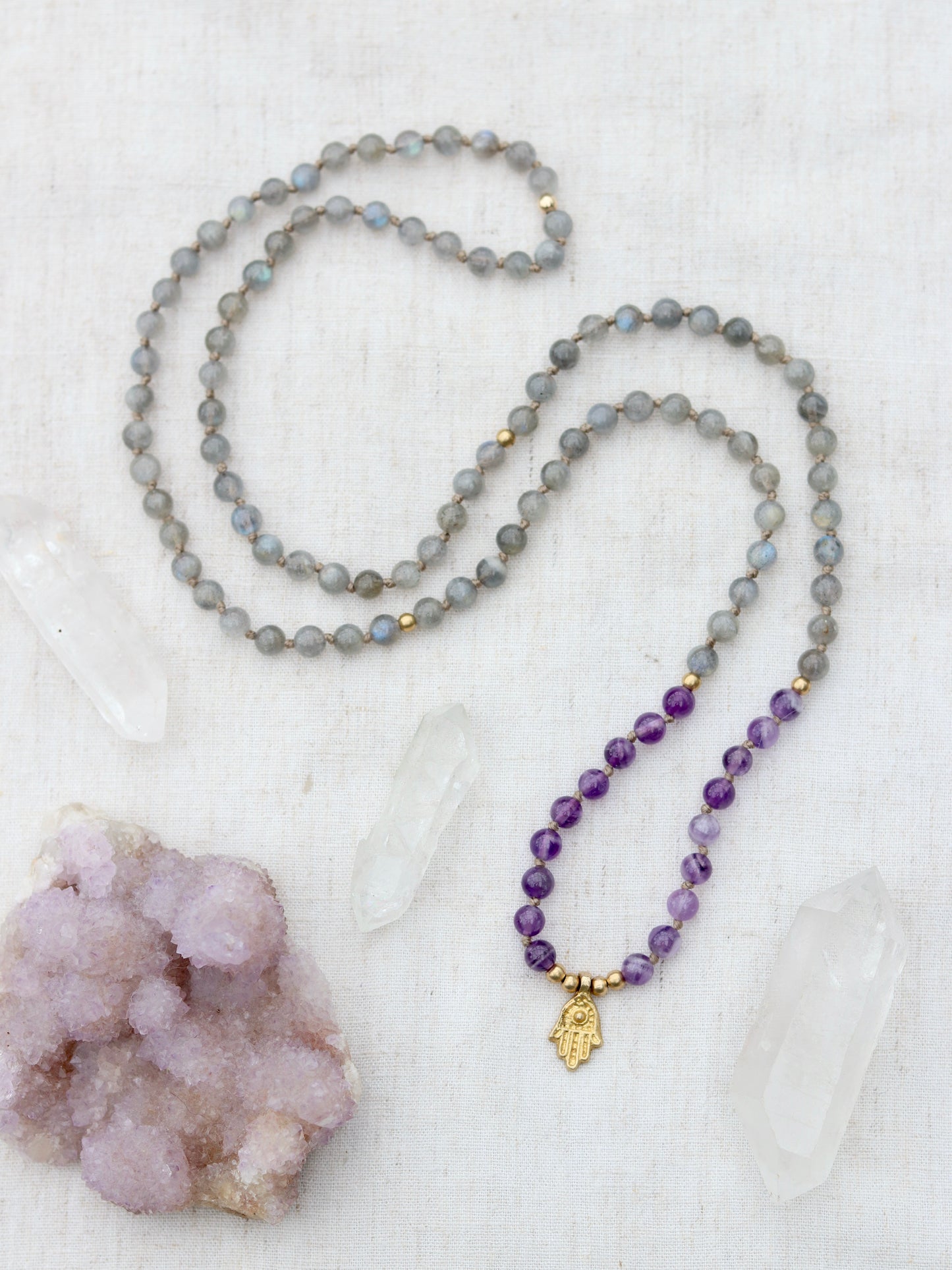 Amethyst and Labradorite Mala Necklace with Brass Hamsa Pendent