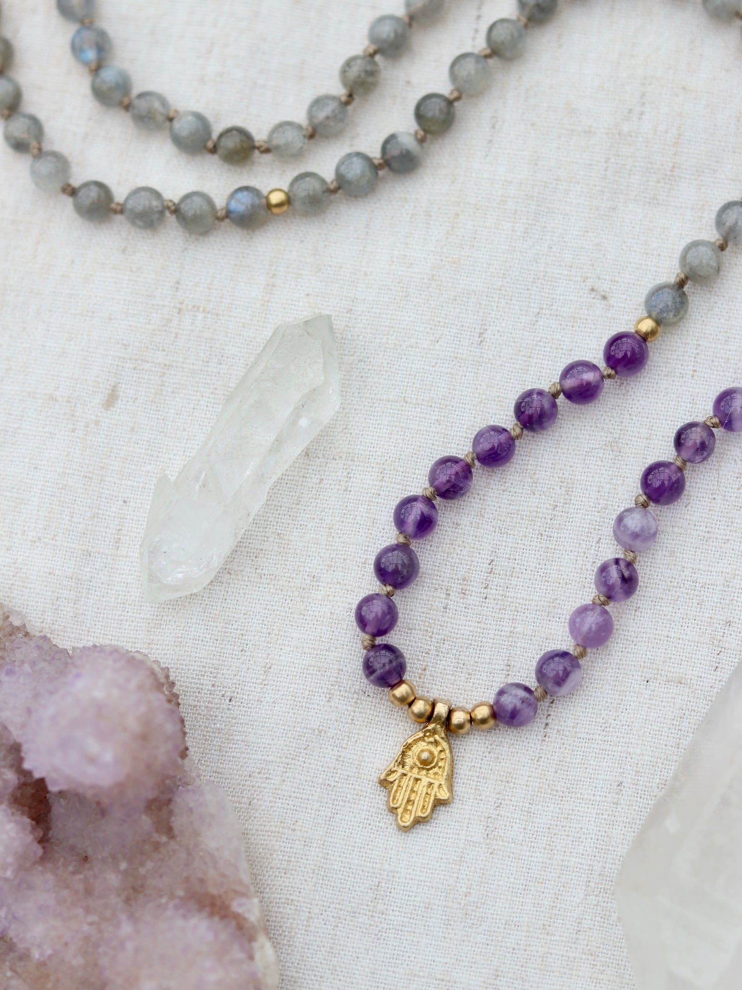 Amethyst and Labradorite Mala Necklace with Brass Hamsa Pendent