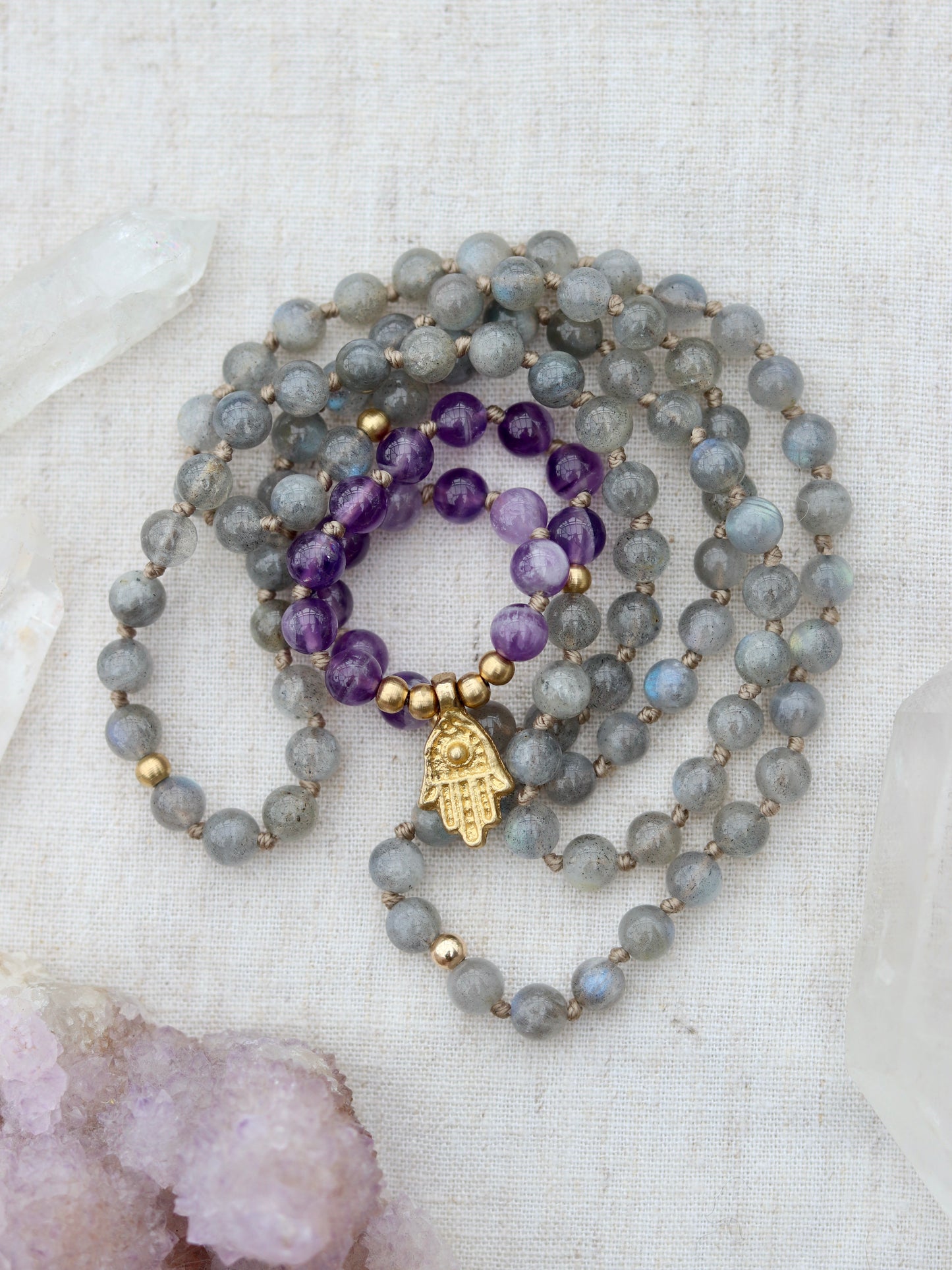 Amethyst and Labradorite Mala Necklace with Brass Hamsa Pendent