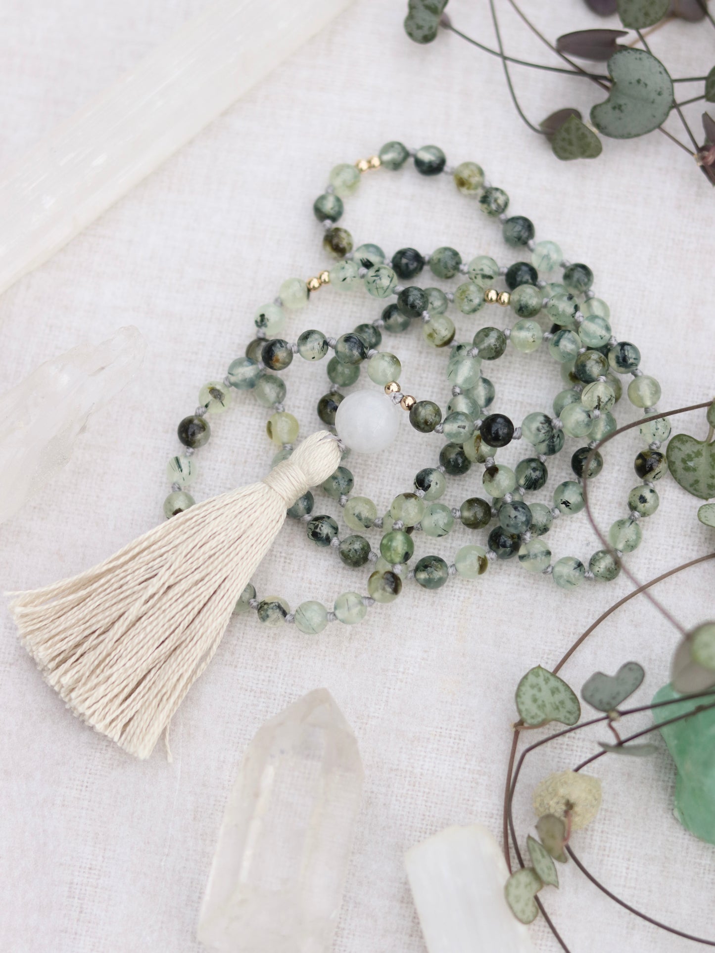 Prehnite and White Jade Mala