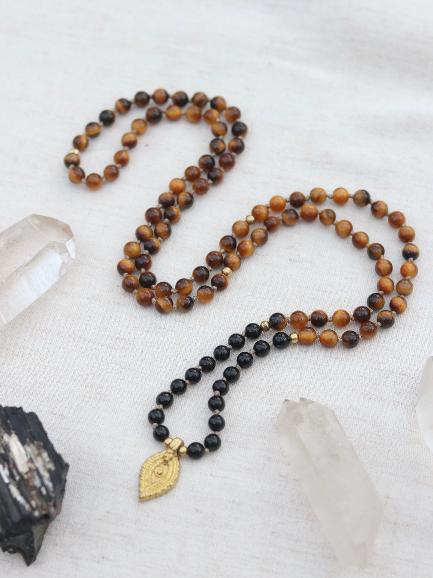 Onyx and Tiger's Eye Pendent Mala Style Necklace