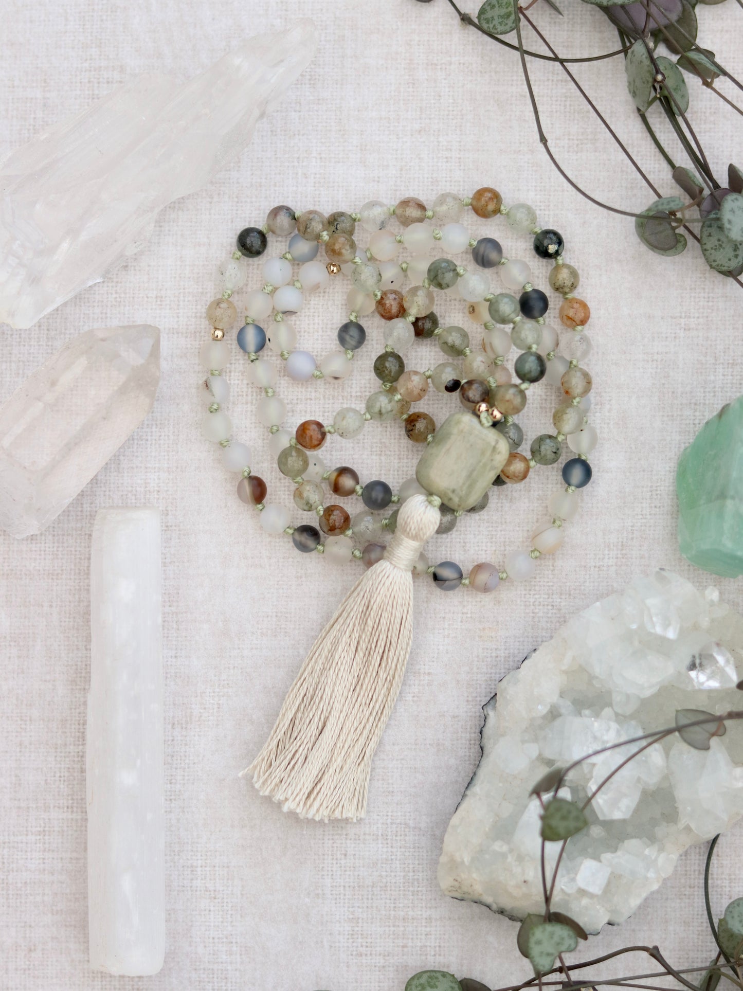 Green Chlorite in Quartz, Montana Agate and Silver Leaf Jasper Mala