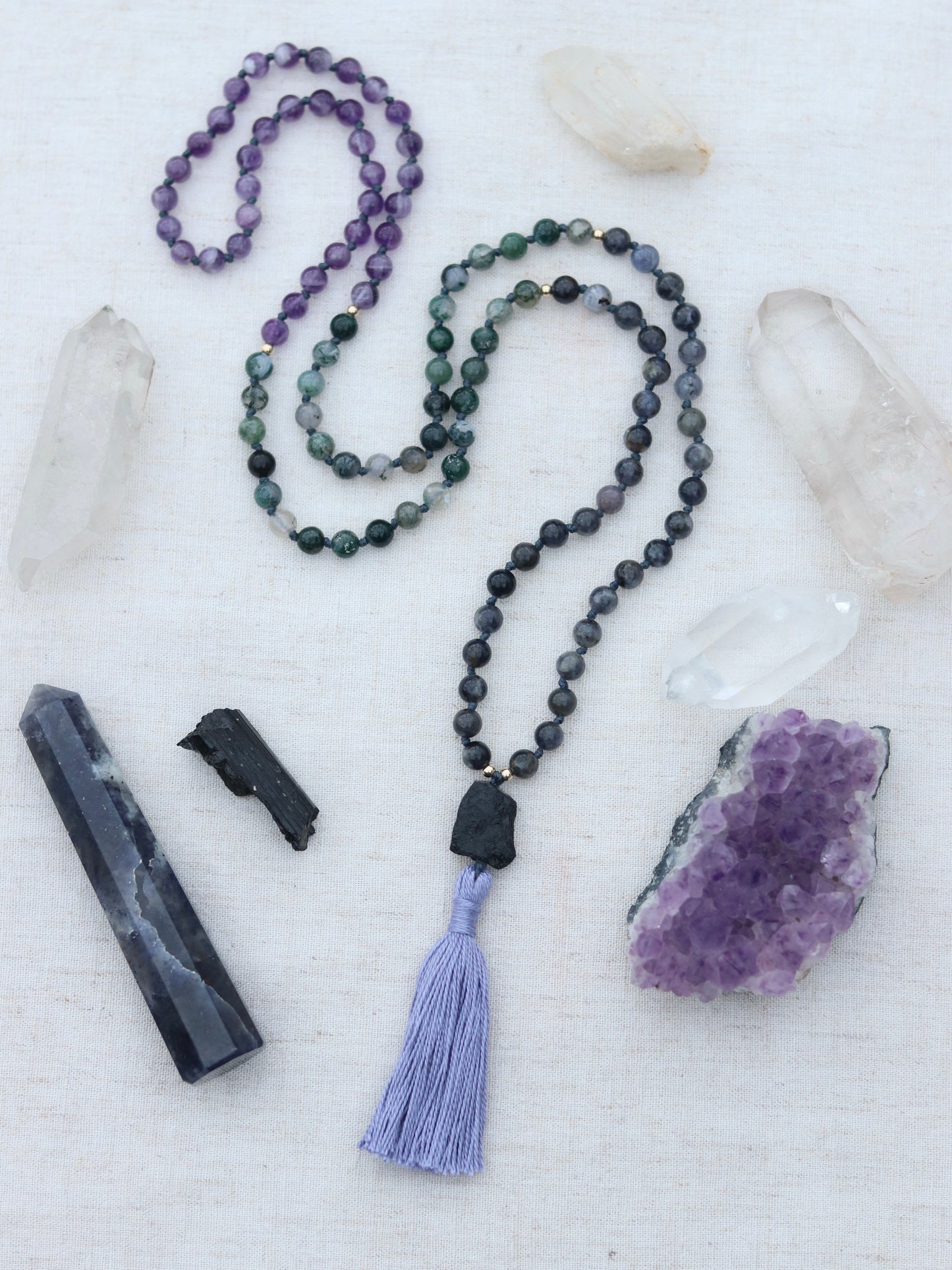 Spiritual Wealth Mala - with Black Tourmaline, Iolite, Moss Agate and Amethyst