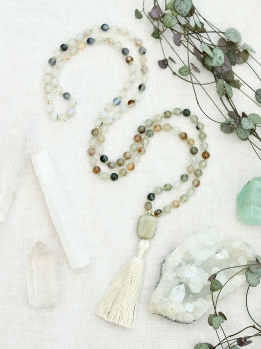 Green Chlorite in Quartz, Montana Agate and Silver Leaf Jasper Mala