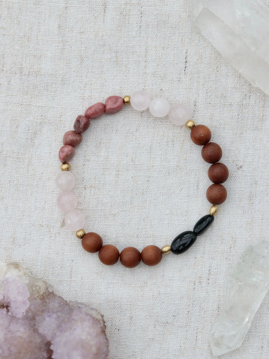 Black Tourmaline, Rhodonite and Rose Quartz with Sandalwood Bracelet