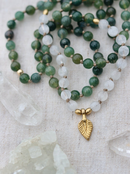 Moonstone and Moss Agate Mala Necklace with Brass Leaf Pendent