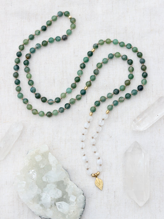 Moonstone and Moss Agate Mala Necklace with Brass Leaf Pendent
