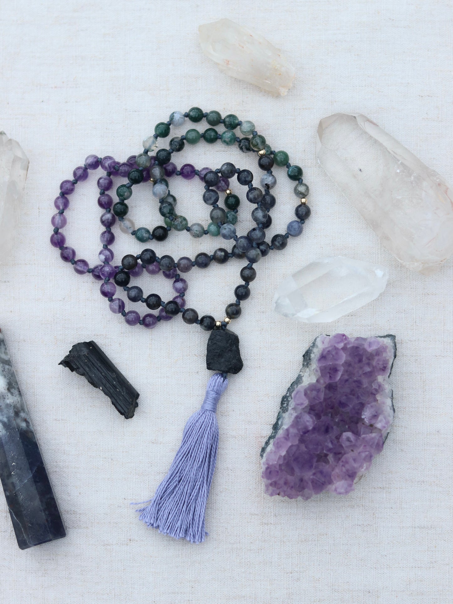 Spiritual Wealth Mala - with Black Tourmaline, Iolite, Moss Agate and Amethyst