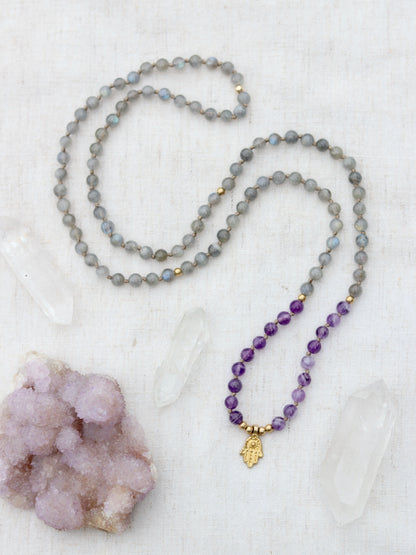 Amethyst and Labradorite Mala Necklace with Brass Hamsa Pendent