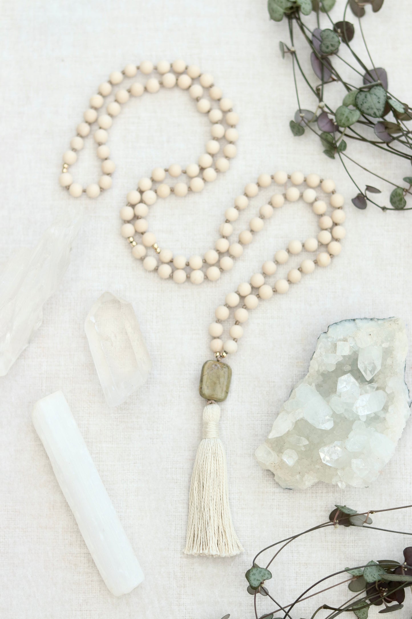 Riverstone with Silver Leaf Jasper Mala