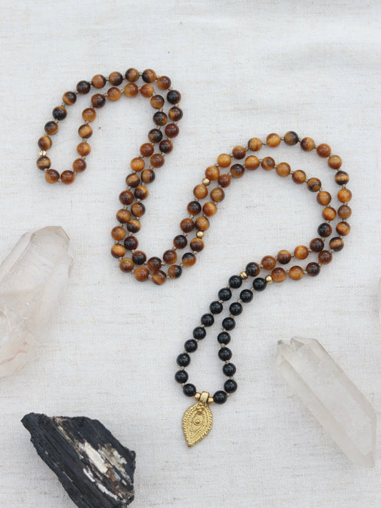 Onyx and Tiger's Eye Pendent Mala Style Necklace