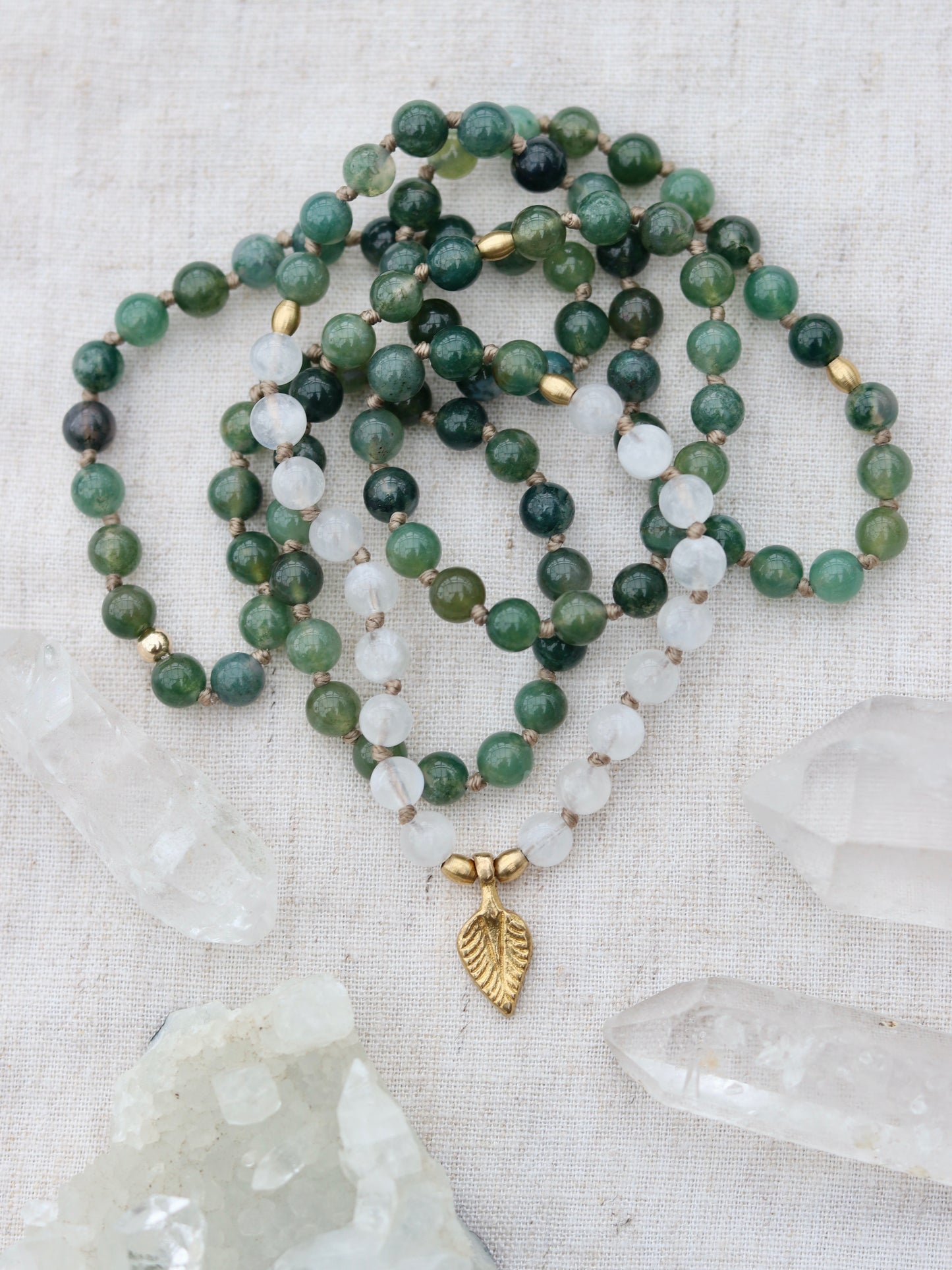 Moonstone and Moss Agate Mala Necklace with Brass Leaf Pendent