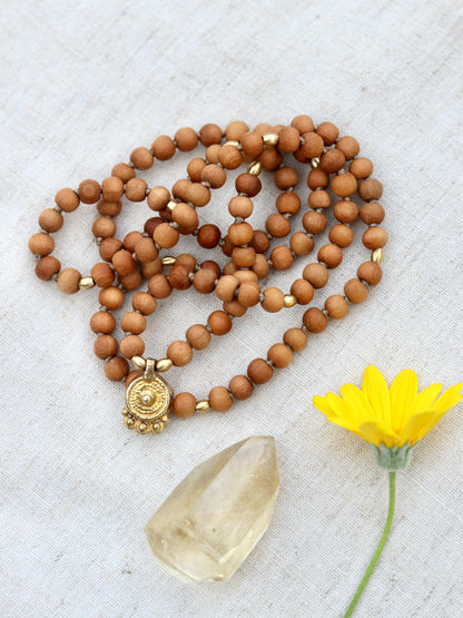 Sandalwood Mala Necklace with Brass Sun Charm Pendent