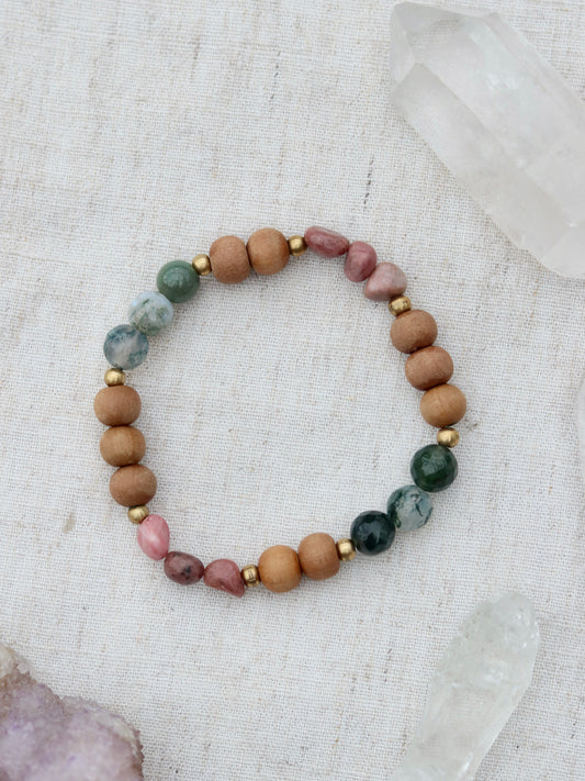 Rhodonite, Moss Agate and Sandalwood Bracelet