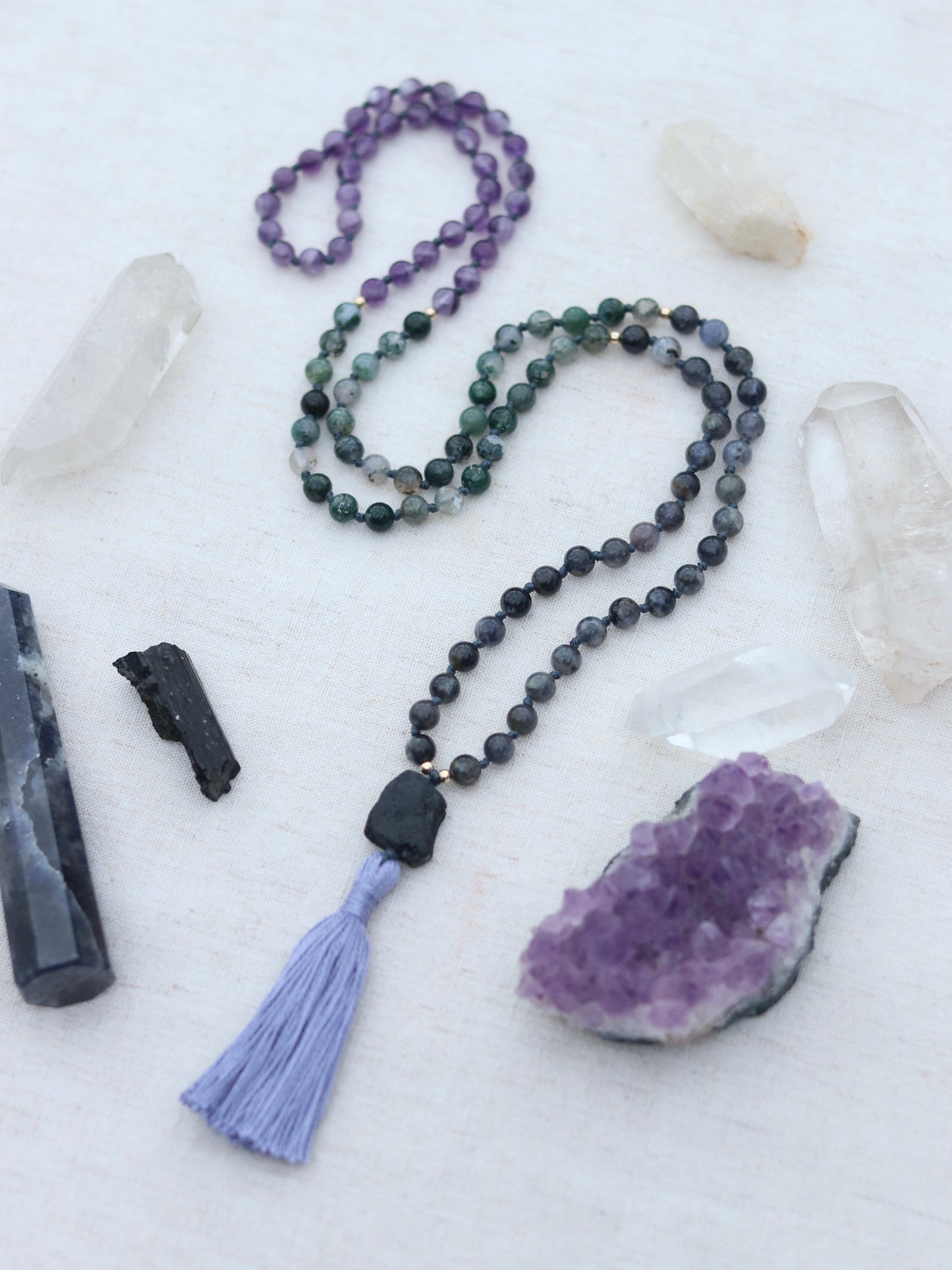 Spiritual Wealth Mala - with Black Tourmaline, Iolite, Moss Agate and Amethyst