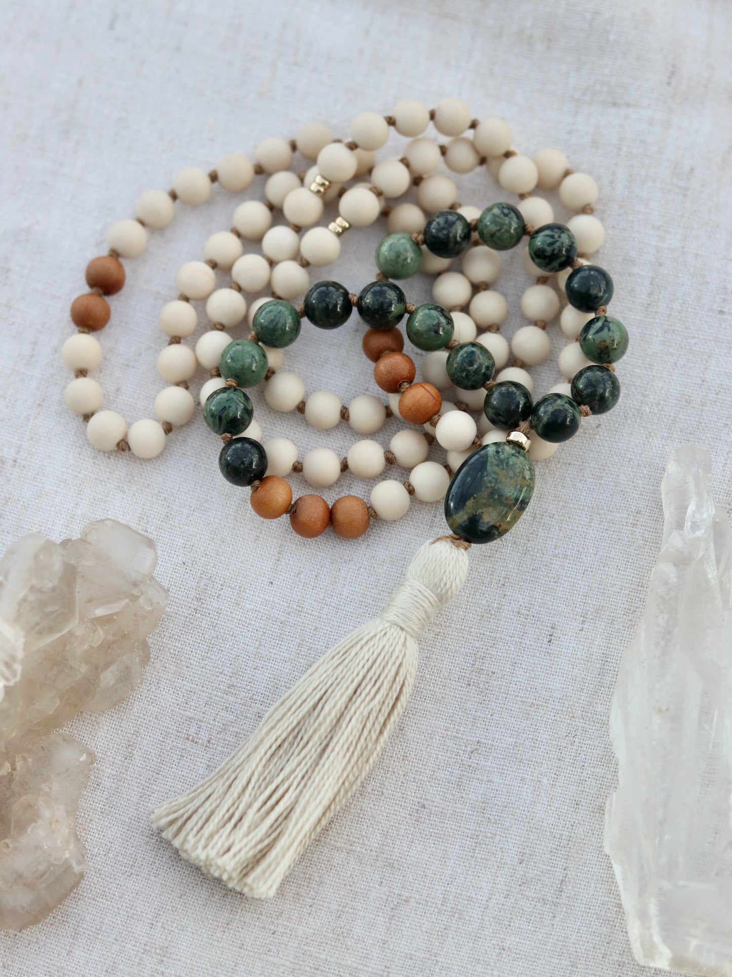 Kambaba Jasper, Riverstone and Sandalwood Mala