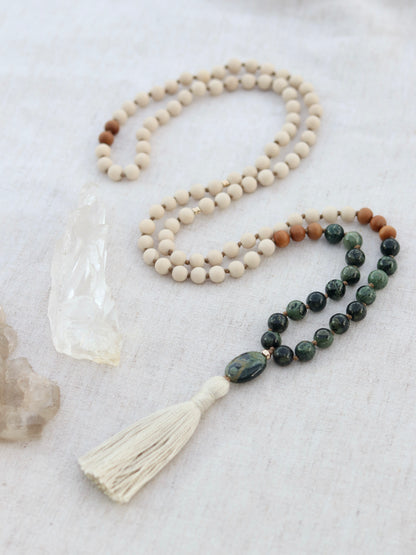 Kambaba Jasper, Riverstone and Sandalwood Mala