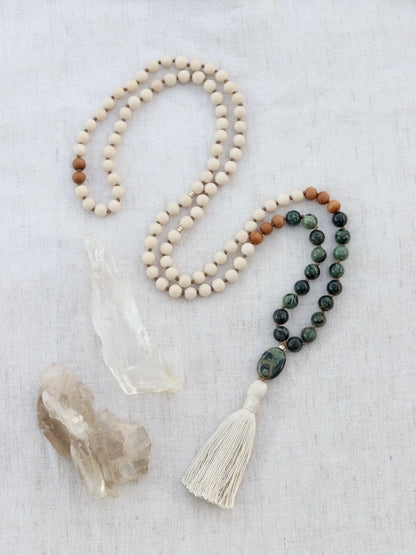 Kambaba Jasper, Riverstone and Sandalwood Mala