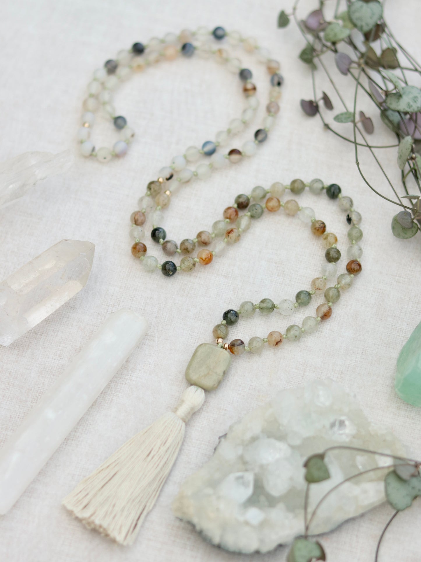 Green Chlorite in Quartz, Montana Agate and Silver Leaf Jasper Mala