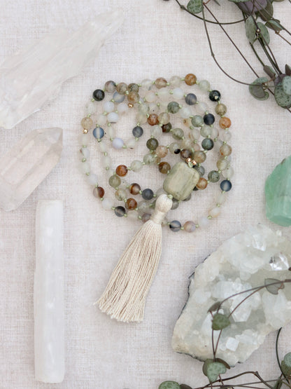 Green Chlorite in Quartz, Montana Agate and Silver Leaf Jasper Mala